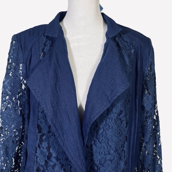 Chicos women's 2 (12) Blue Lace panels trim open front effortless Jacket Blazer - Picture 3 of 10